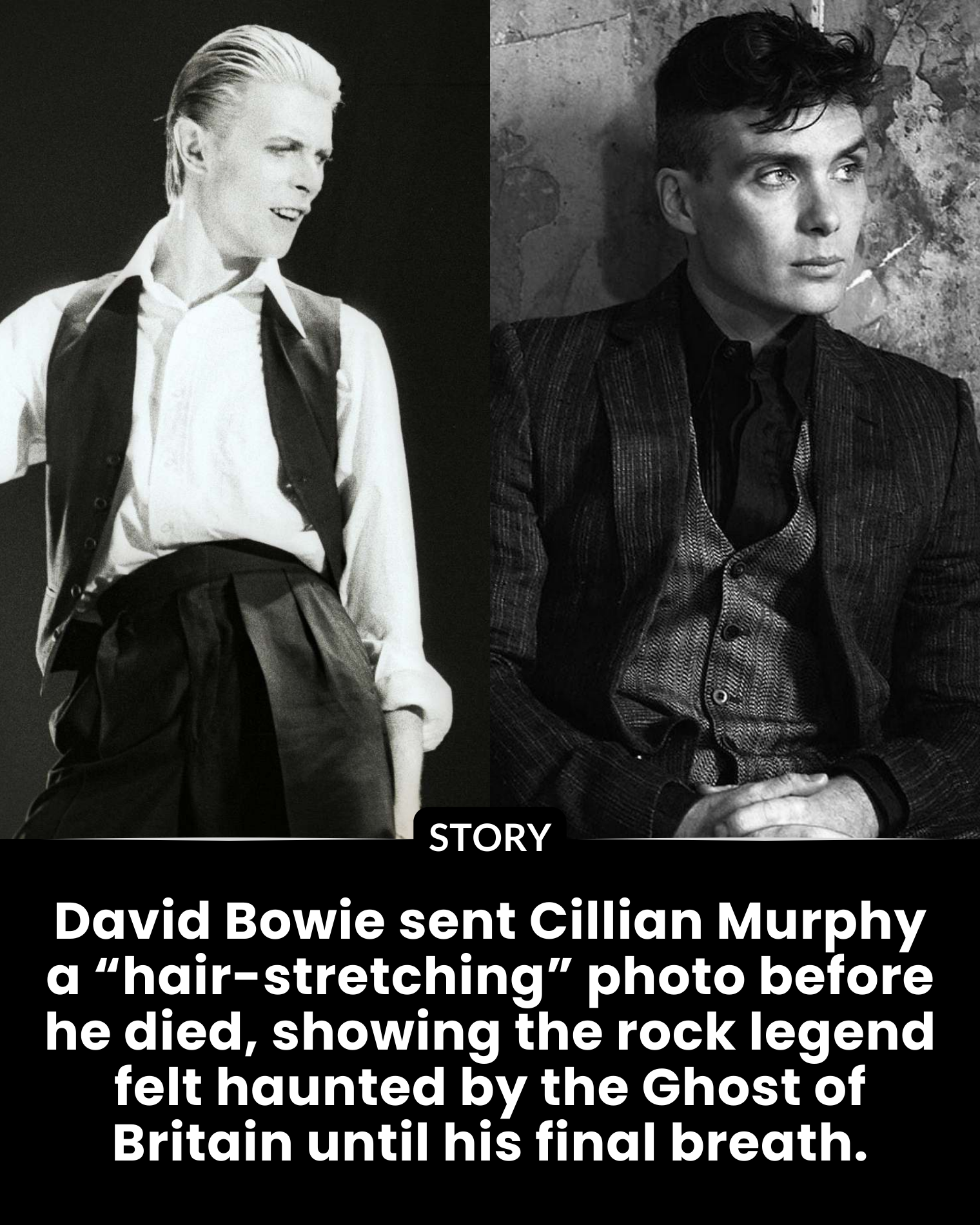 David Bowie sent Cillian Murphy a “hair-stretching” photo before he died, showing the rock legend felt haunted by the Ghost of Britain until his final breath.