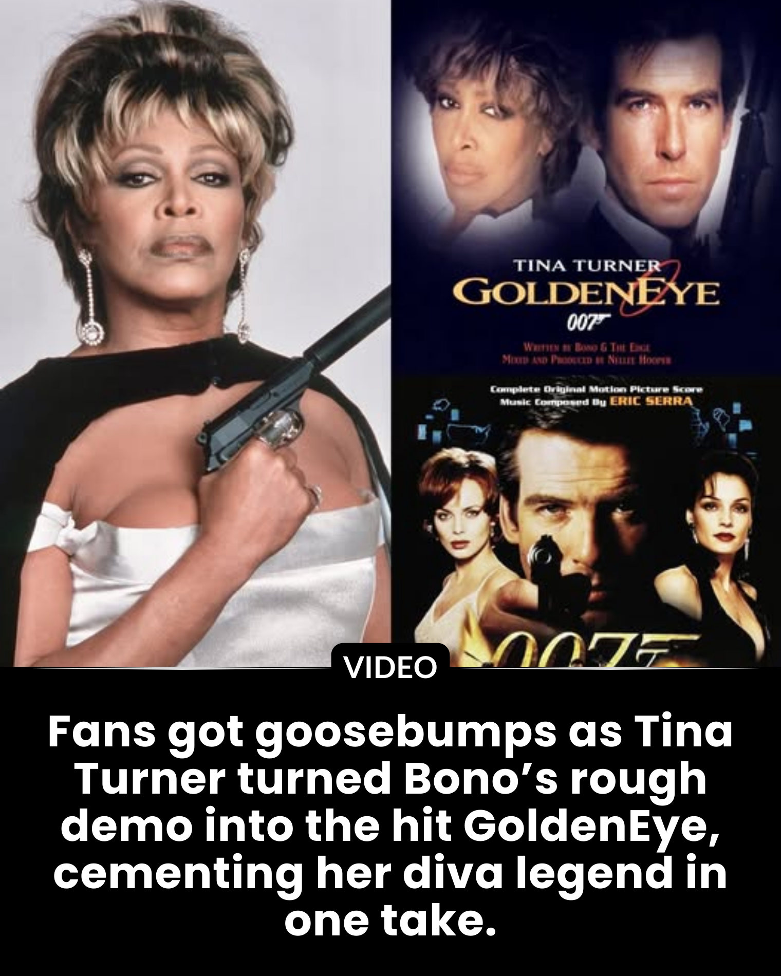 Fans got goosebumps as Tina Turner turned Bono’s rough demo into the hit GoldenEye, cementing her diva legend in one take.