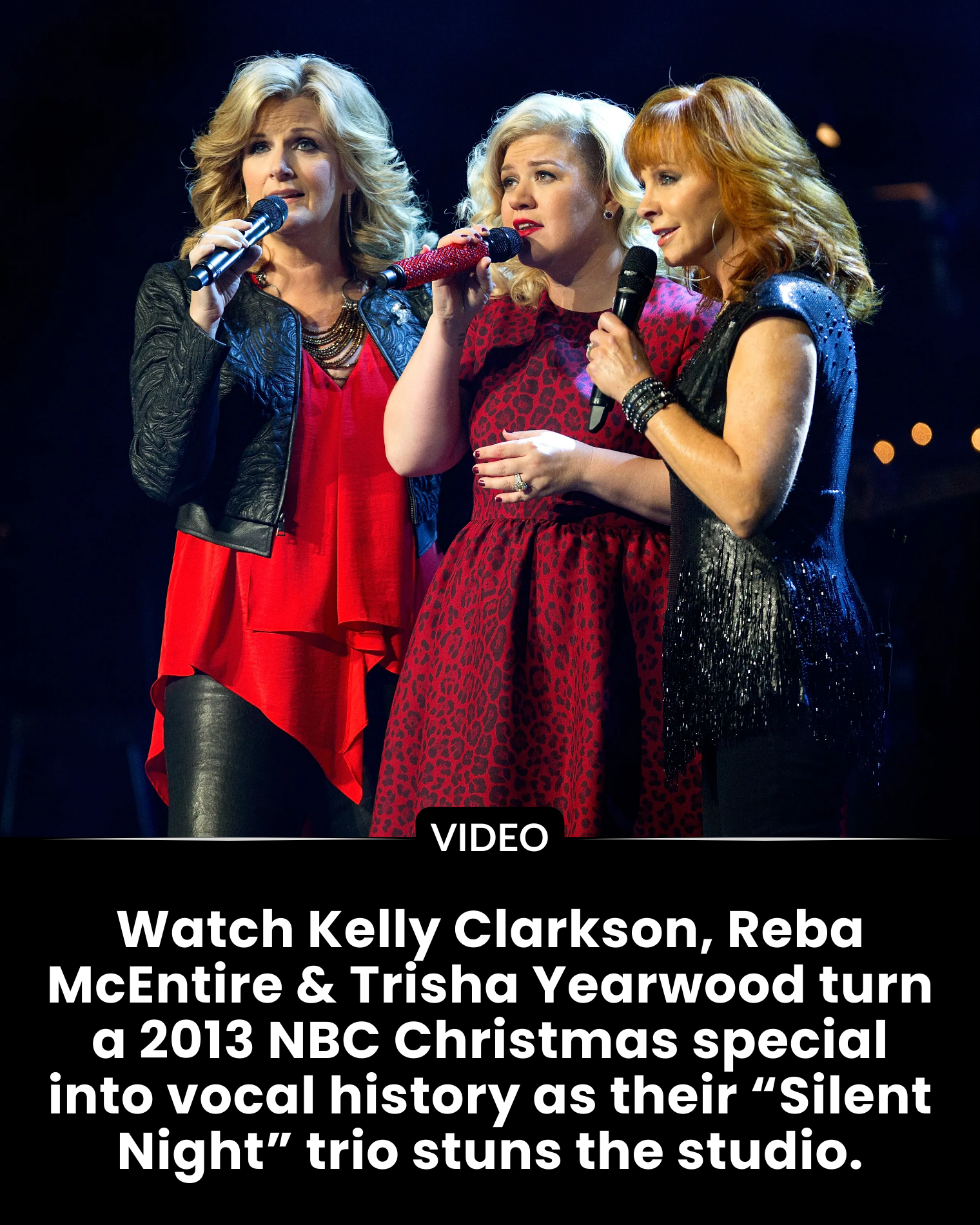 Watch Kelly Clarkson, Reba McEntire & Trisha Yearwood turn a 2013 NBC Christmas special into vocal history as their “Silent Night” trio stuns the studio.