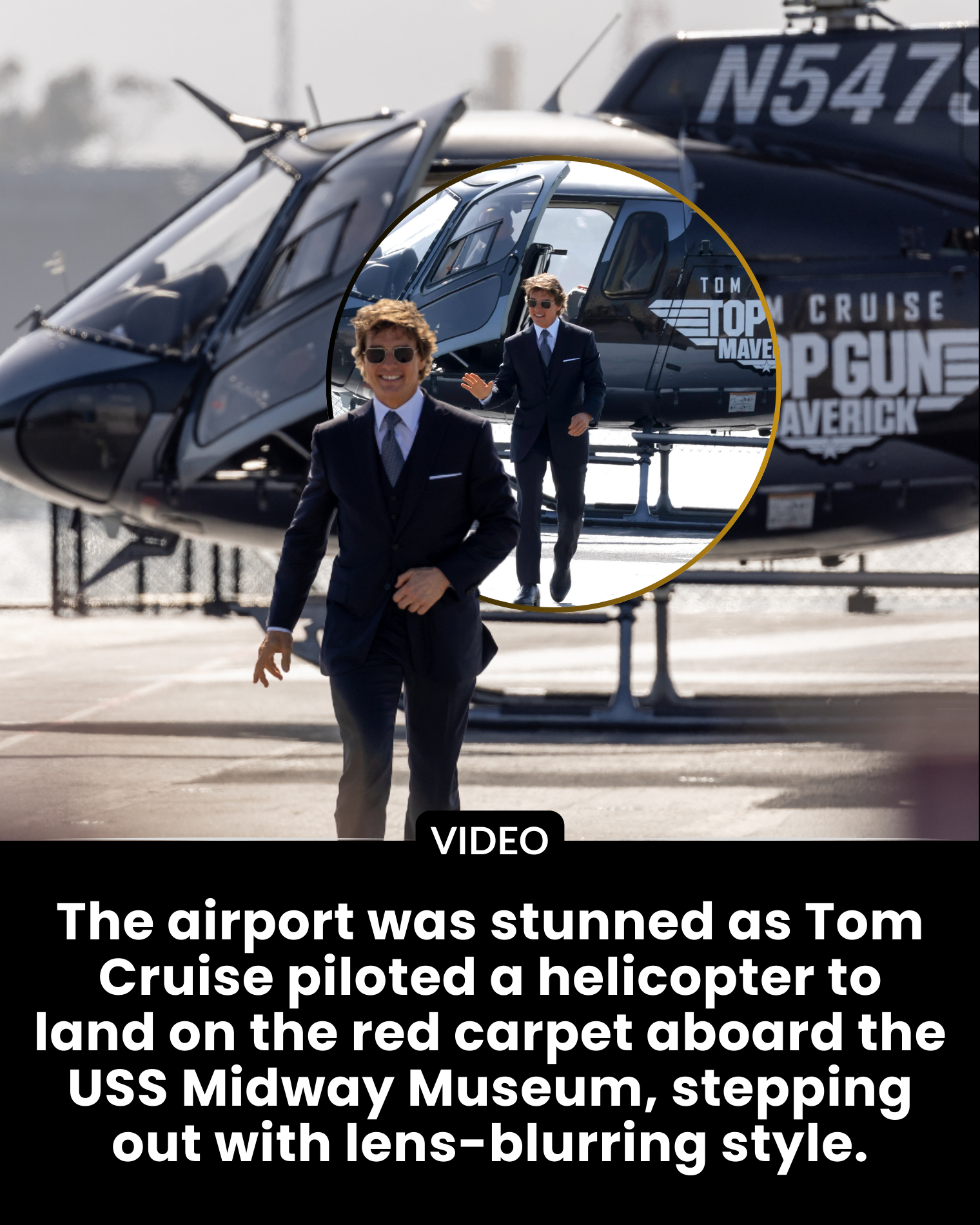 The airport was stunned as Tom Cruise piloted a helicopter to land on the red carpet aboard the USS Midway Museum, stepping out with lens-blurring style.