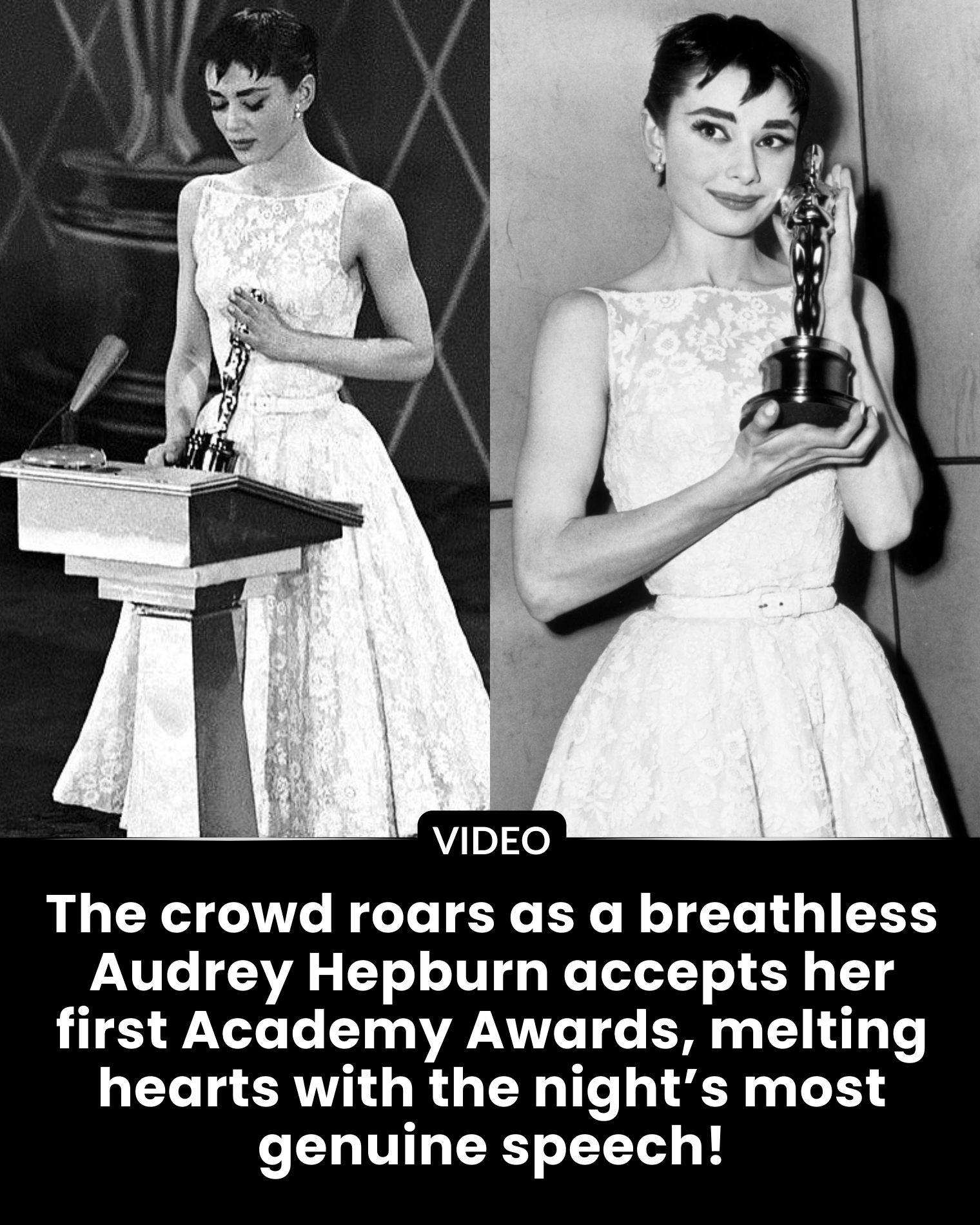 The crowd roars as a breathless Audrey Hepburn accepts her first Academy Awards, melting hearts with the night’s most genuine speech!