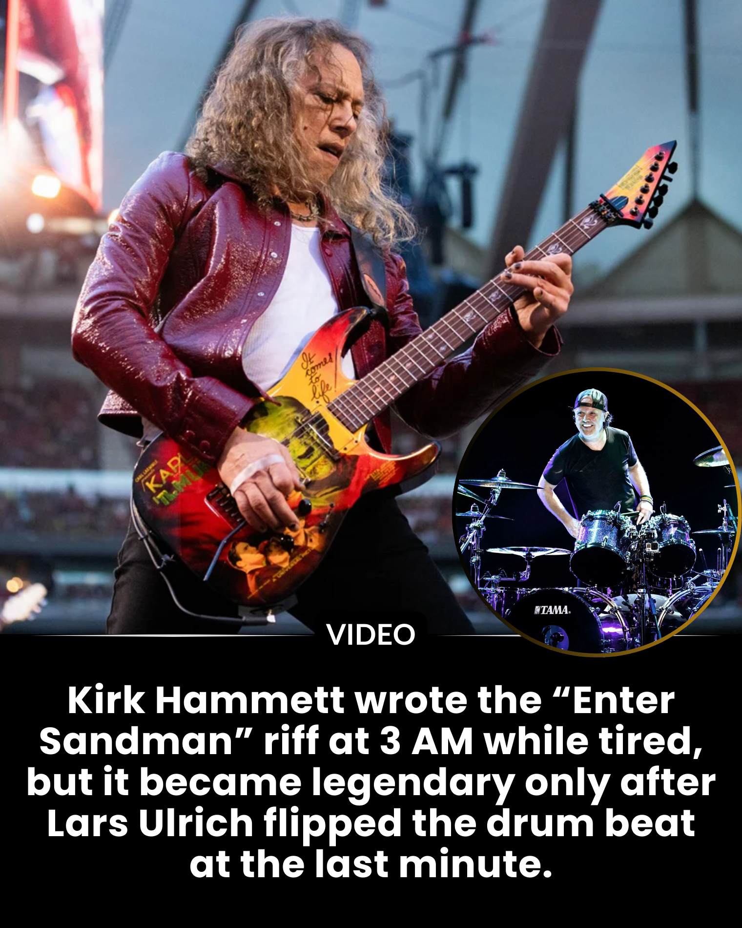 Kirk Hammett wrote the “Enter Sandman” riff at 3 AM while tired, but it became legendary only after Lars Ulrich flipped the drum beat at the last minute.