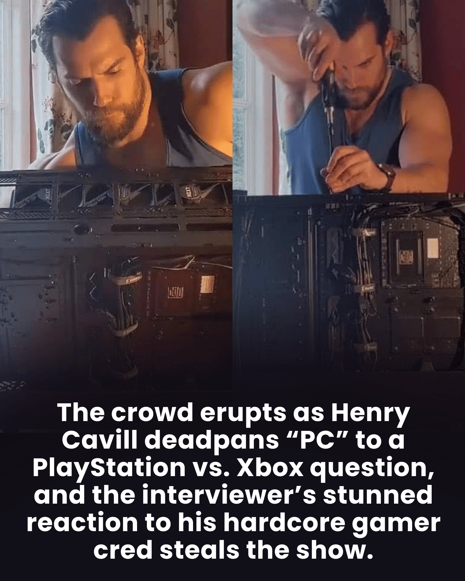 The crowd erupts as Henry Cavill deadpans “PC” to a PlayStation vs. Xbox question, and the interviewer’s stunned reaction to his hardcore gamer cred steals the show.