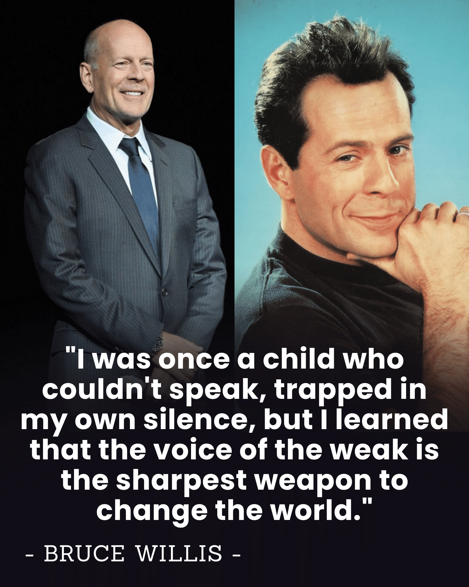 “From Silent Child to Hollywood Hero” — Bullied, Stuttering Bruce Willis Breaks His Silence After 40 Years, Turning Disability Into a Weapon for Justice.