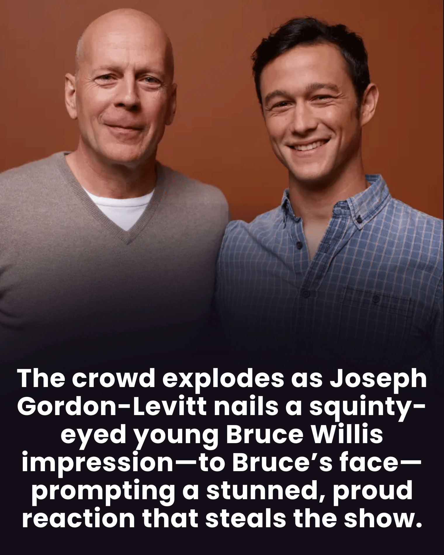 The crowd explodes as Joseph Gordon-Levitt nails a squinty-eyed young Bruce Willis impression—to Bruce’s face—prompting a stunned, proud reaction that steals the show.