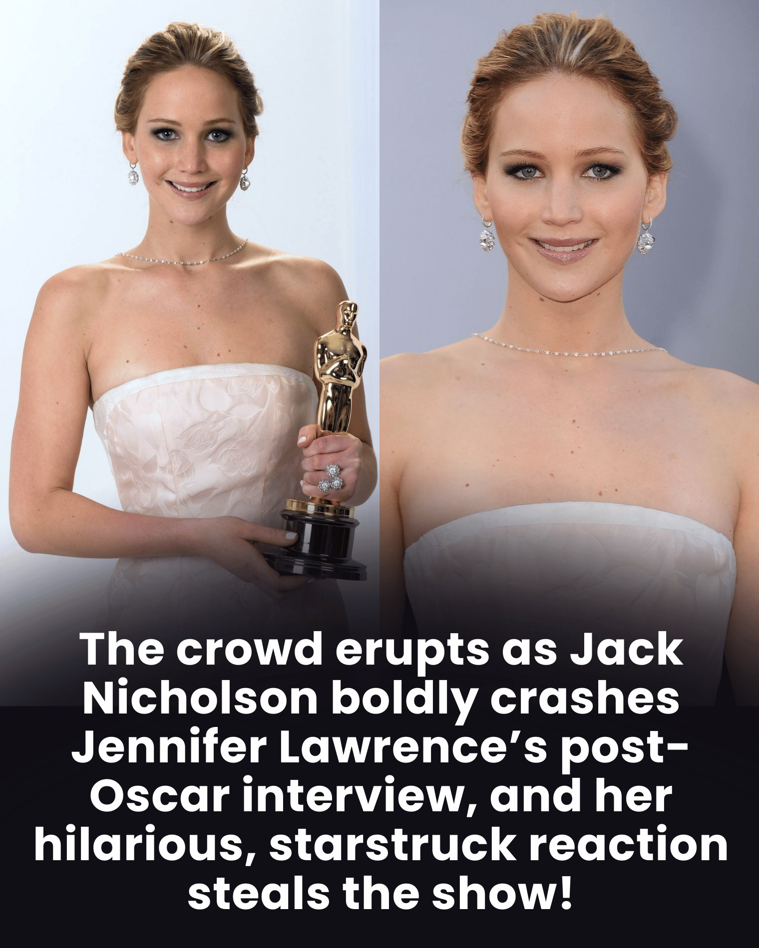 The crowd erupts as Jack Nicholson boldly crashes Jennifer Lawrence’s post-Oscar interview, and her hilarious, starstruck reaction steals the show!
