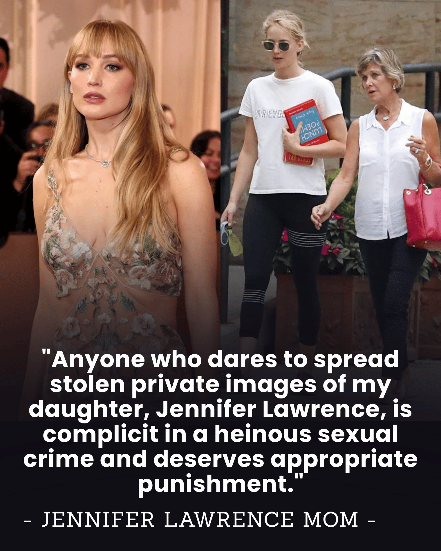 “This Is a Sexual Crime” — Jennifer Lawrence’s Mother Explodes as Family Launches Legal War Against FBI & Google After iCloud Photo Leak.