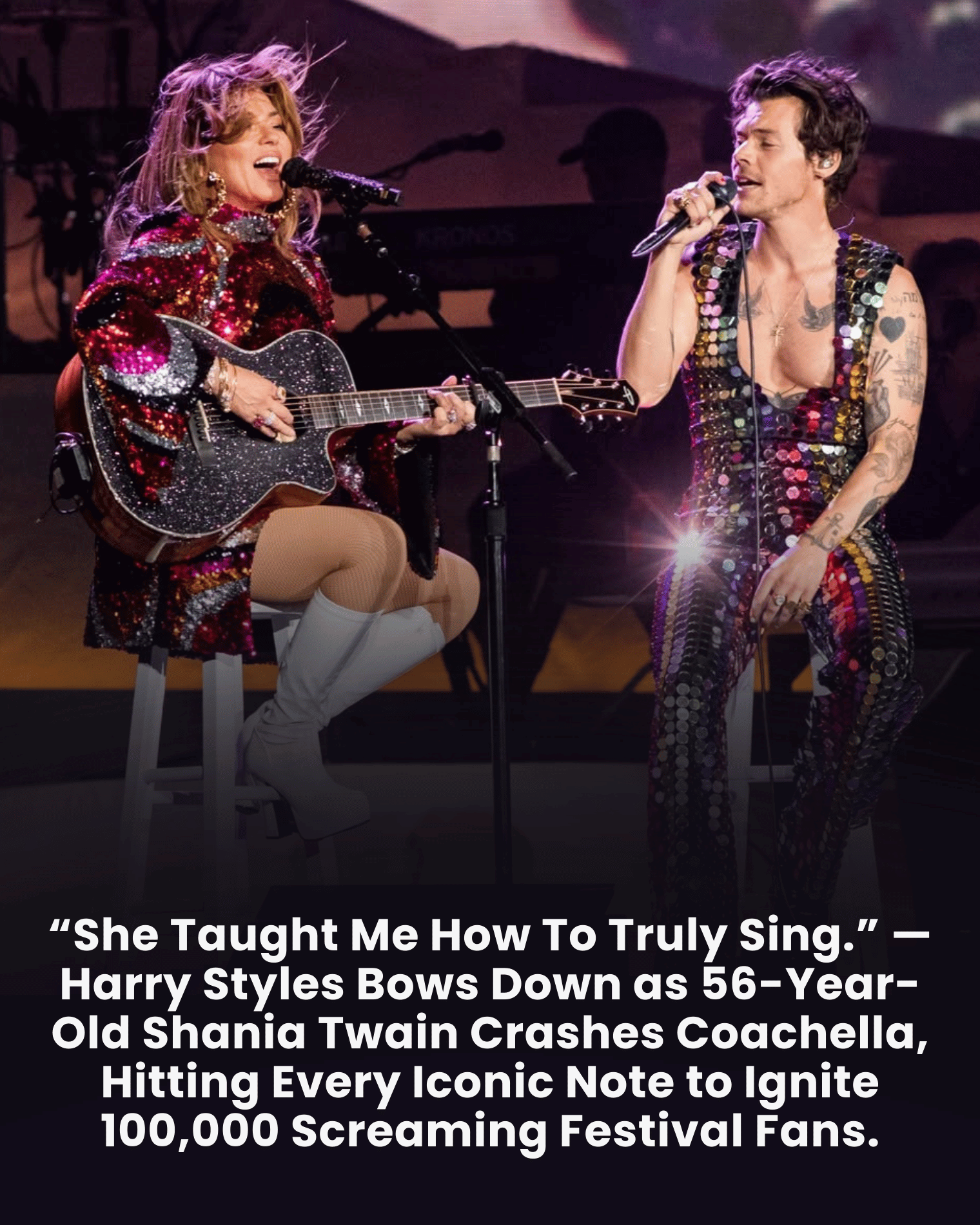 “She Taught Me How To Truly Sing.” — Harry Styles Bows Down as 56-Year-Old Shania Twain Crashes Coachella, Hitting Every Iconic Note to Ignite 100,000 Screaming Festival Fans.