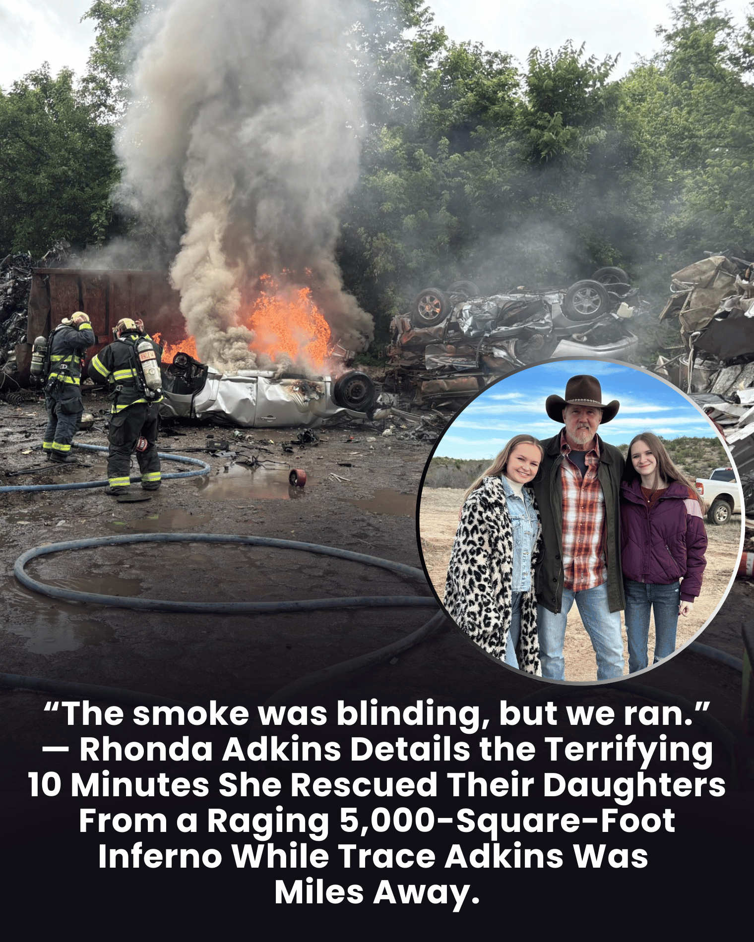 “The smoke was blinding, but we ran.” — Rhonda Adkins Details the Terrifying 10 Minutes She Rescued Their Daughters From a Raging 5,000-Square-Foot Inferno While Trace Adkins Was Miles Away.