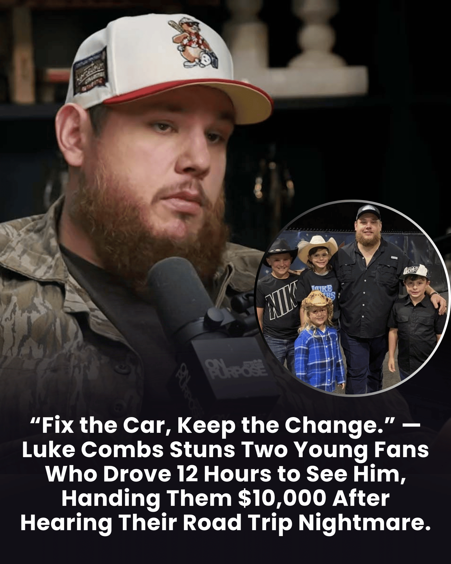 “Fix the Car, Keep the Change.” — Luke Combs Stuns Two Young Fans Who Drove 12 Hours to See Him, Handing Them $10,000 After Hearing Their Road Trip Nightmare.