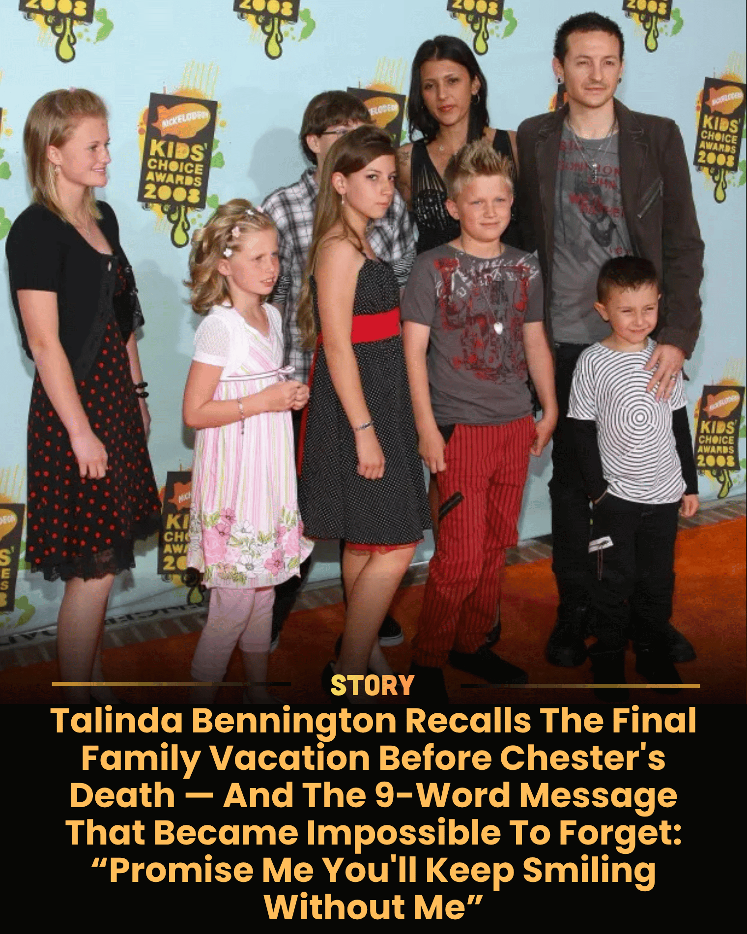Talinda Bennington Recalls The Final Family Vacation Before Chester’s Death — And The 9-Word Message That Became Impossible To Forget: “Promise Me You’ll Keep Smiling Without Me” Just days before July 20, 2017, Chester Bennington appeared to be enjoying family life in California. Talinda Bennington later revealed how ordinary those final moments seemed. Chester spent time with their children, laughed with friends, and discussed future plans. But beneath the surface, he was still battling depression and unresolved trauma that had followed him since childhood. The tragedy became even more shocking because Linkin Park had recently released One More Light, an album focused on vulnerability, healing, and emotional struggle. When Chester died at age 41, the music world was stunned. Millions revisited songs like “Heavy” and “One More Light,” hearing them differently than ever before. What seemed like lyrics suddenly felt like warnings. The loss transformed a generation’s soundtrack into a heartbreaking reminder of mental health’s hidden battles.