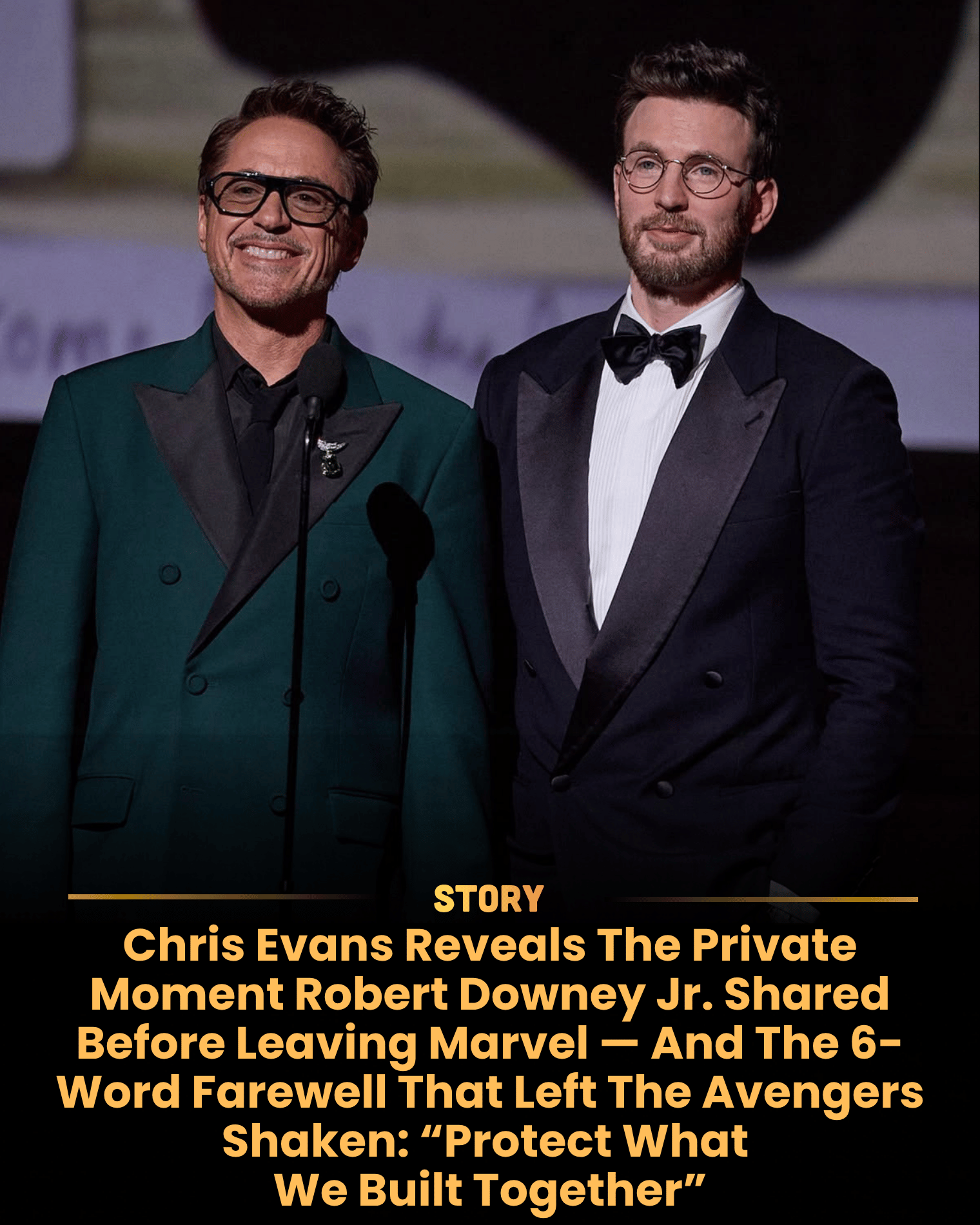 Chris Evans Reveals The Private Moment Robert Downey Jr. Shared Before Leaving Marvel — And The 6-Word Farewell That Left The Avengers Shaken: “Protect What We Built Together” By the time Avengers: Endgame arrived in 2019, Robert Downey Jr. had spent more than a decade carrying the Marvel Cinematic Universe on his shoulders. Chris Evans remembers the atmosphere during the final weeks of filming as emotional, uncertain, and unlike anything the cast had experienced before. Many of the actors had grown from rising stars into global icons alongside Robert. As production neared its end, conversations shifted from action scenes and box-office records to legacy, friendship, and gratitude. Robert understood that Tony Stark’s story was reaching its conclusion. His final scenes were filmed under intense secrecy, but the emotional impact on the cast was immediate. For Evans, the experience felt like watching the end of an era that began with Iron Man in 2008. When audiences witnessed Stark’s sacrifice, they were seeing more than a character’s goodbye—they were witnessing the closing chapter of Robert’s extraordinary Hollywood resurrection.