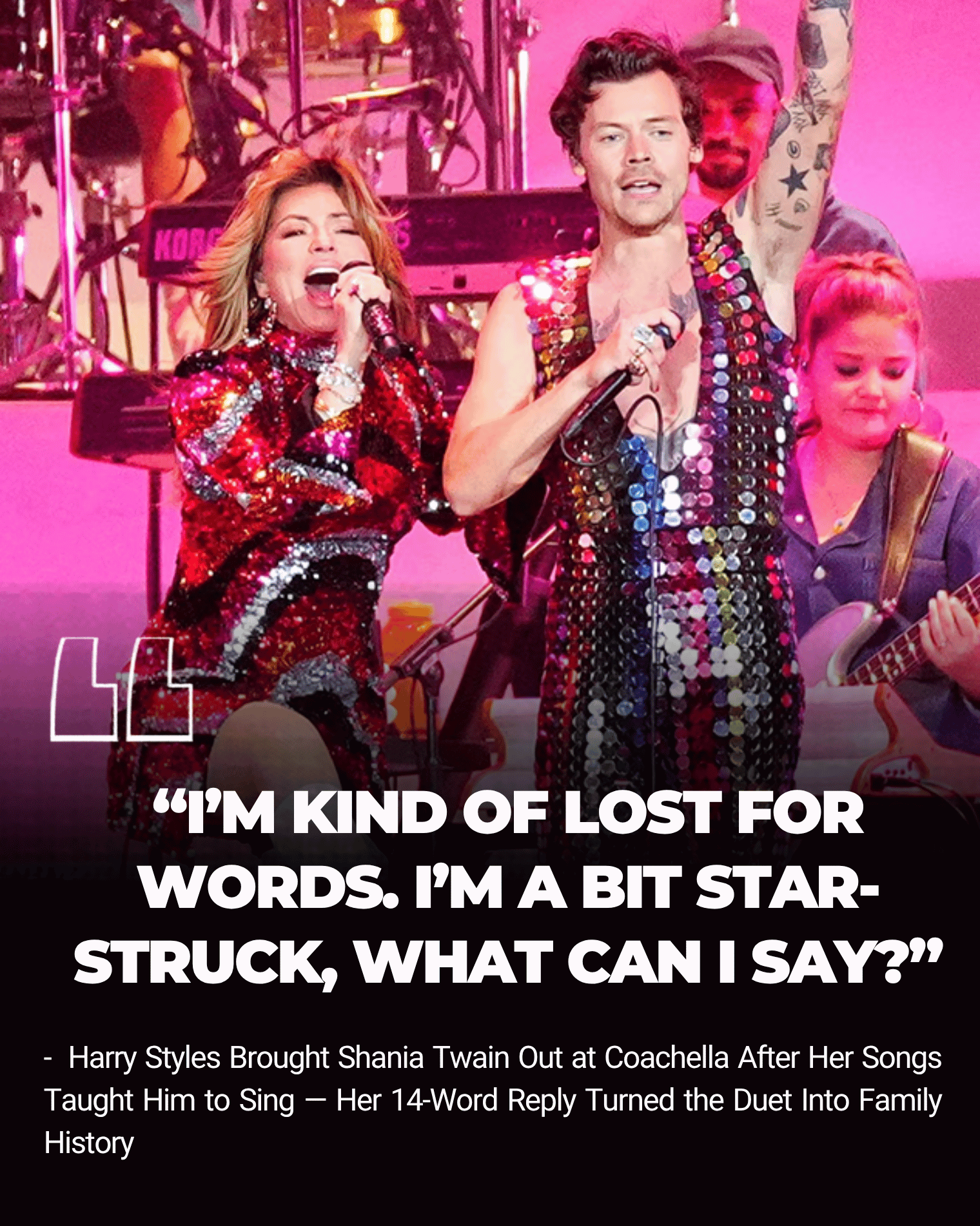 Harry Styles Brought Shania Twain Out at Coachella After Her Songs Taught Him to Sing — Her 14-Word Reply Turned the Duet Into Family History Story exploded into reality when Styles paused his 2022 headline set for an introduction nobody saw coming.